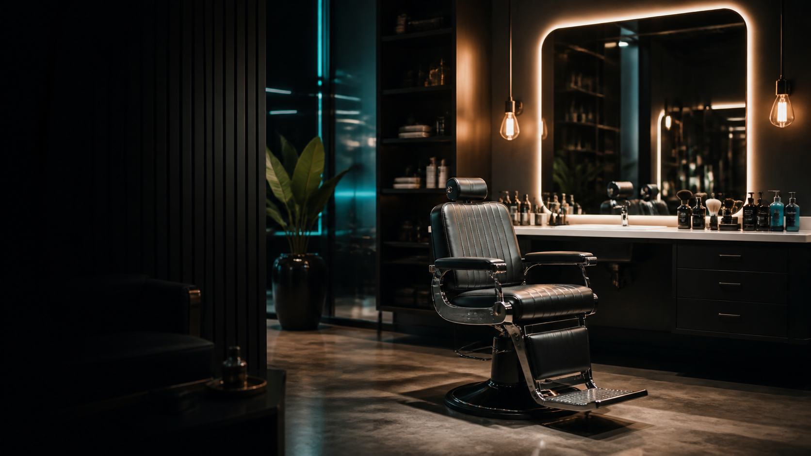 Barbearia moderna com cadeira premium e espelhos iluminados